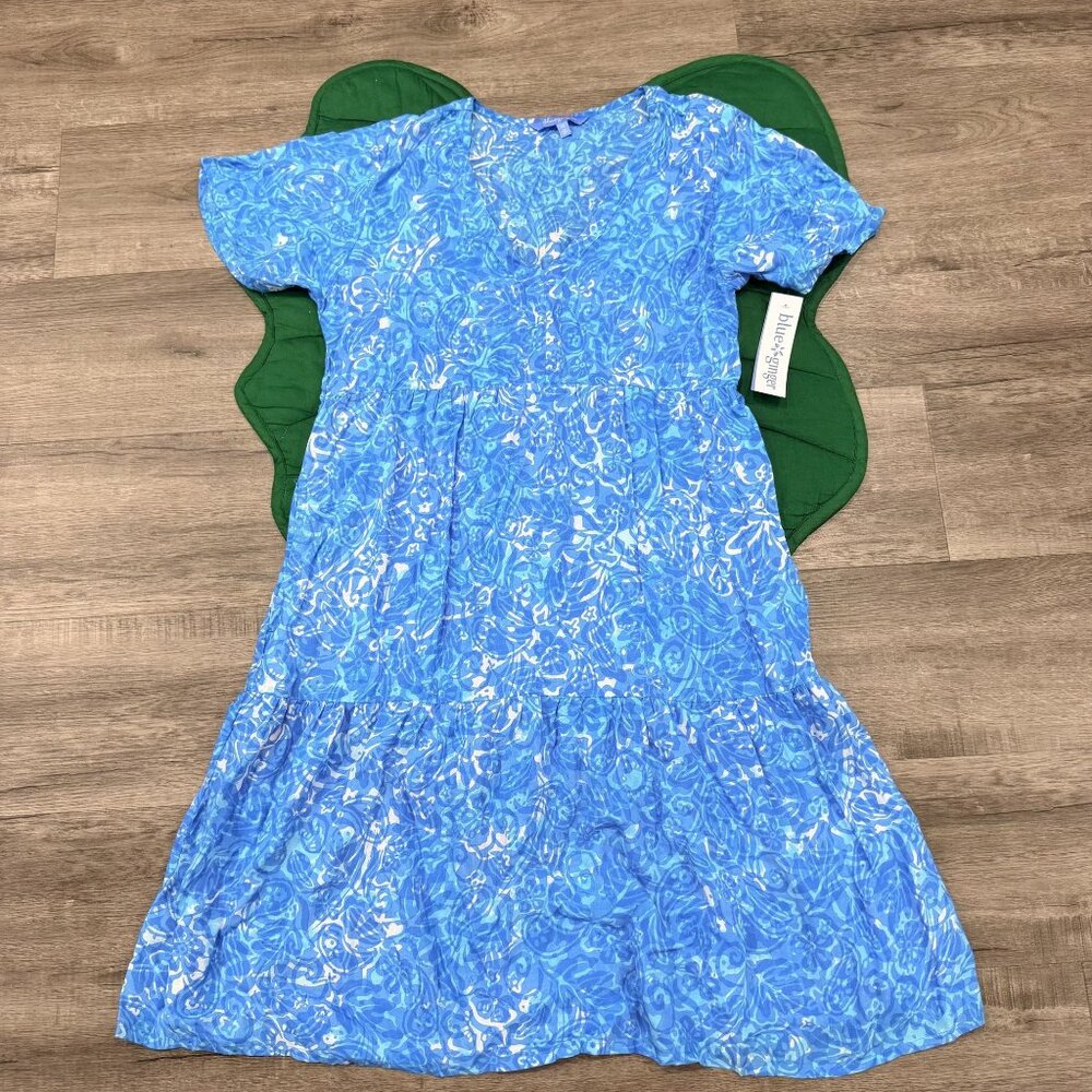 Blue Ginger Hawaii Womens XS Blue Marina Drive V-Neck Floral Short Sleeve Dress